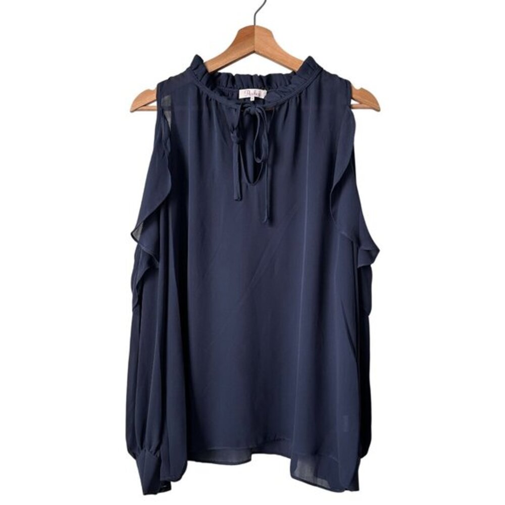 Parker NY Womens Navy Blue‎ Cold Shoulder Ruffle Blouse Tie Neck Top Medium
